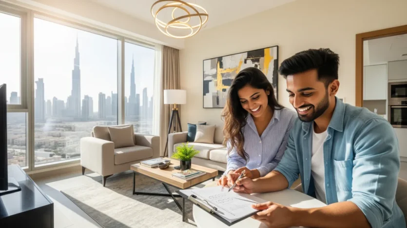 A couple conducting a successful move-in inspection in their new Dubai apartment with a checklist.