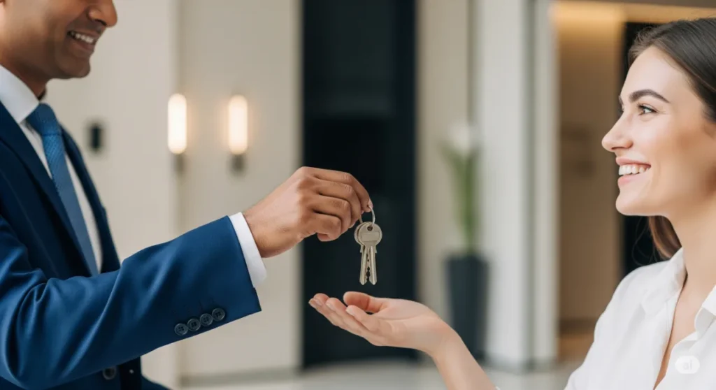 A West Gate Dubai property manager handing keys to a client, symbolizing successful property management services.