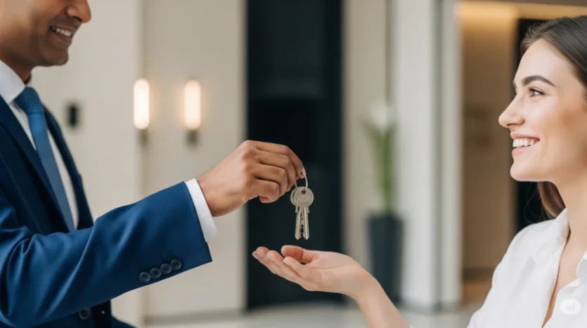 A West Gate Dubai property manager handing keys to a client, symbolizing successful property management services.