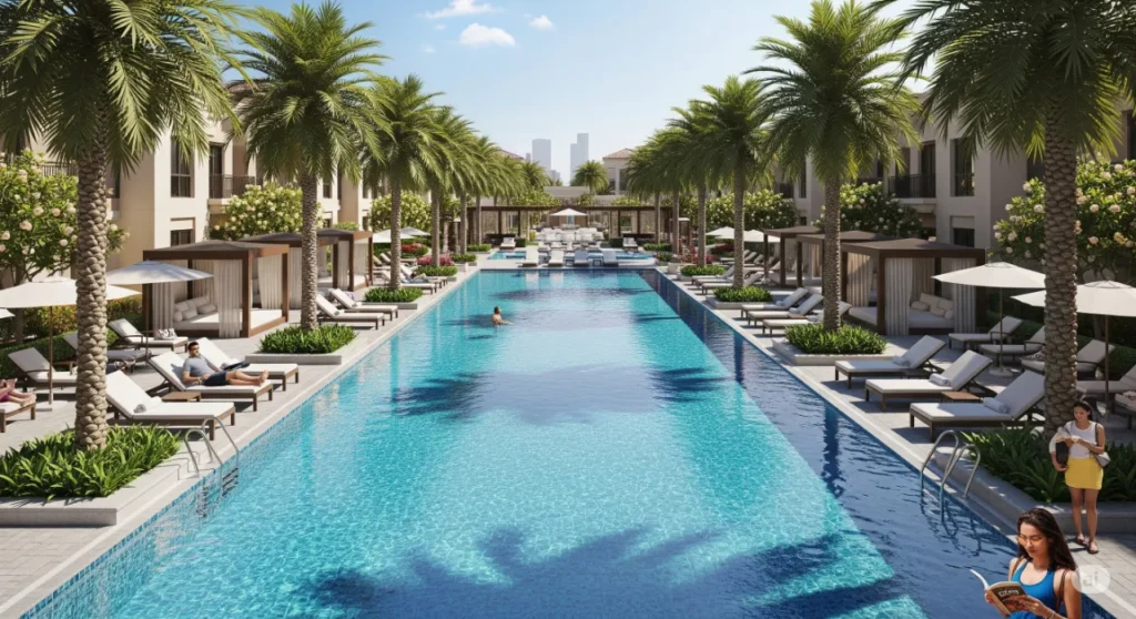 Resort-style swimming pool and amenities available in Dubai townhouse communities.