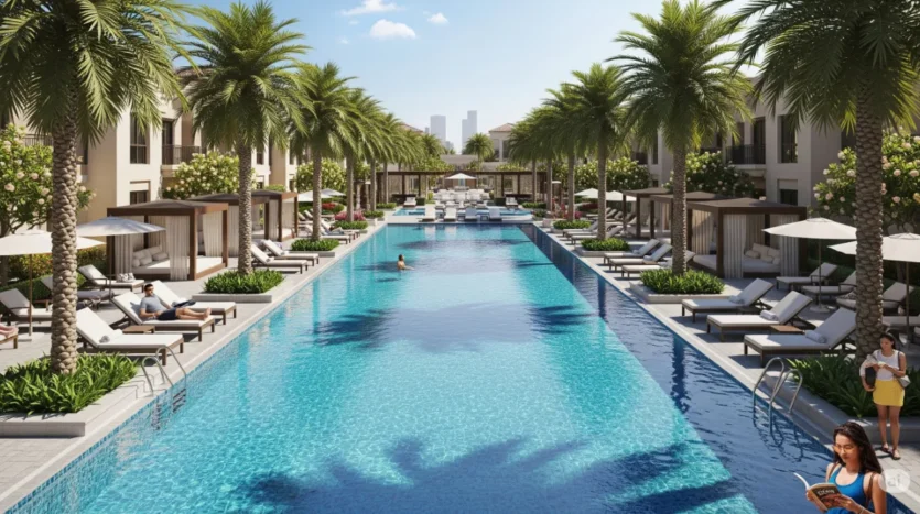 Resort-style swimming pool and amenities available in Dubai townhouse communities.