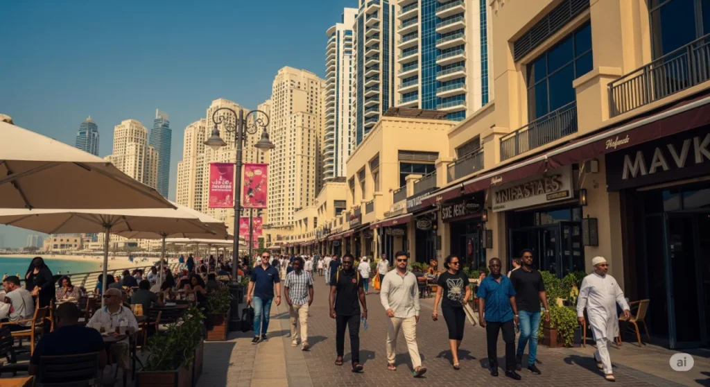 The bustling Walk at JBR, showcasing the vibrant lifestyle of this Dubai Marina micro-market.