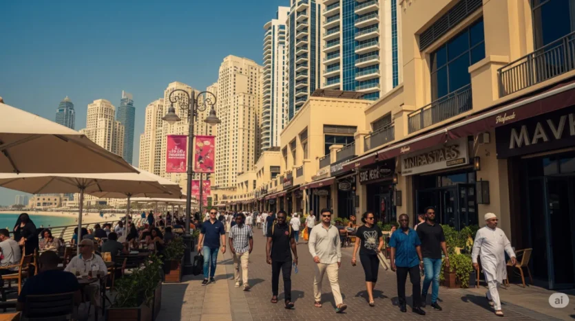 The bustling Walk at JBR, showcasing the vibrant lifestyle of this Dubai Marina micro-market.