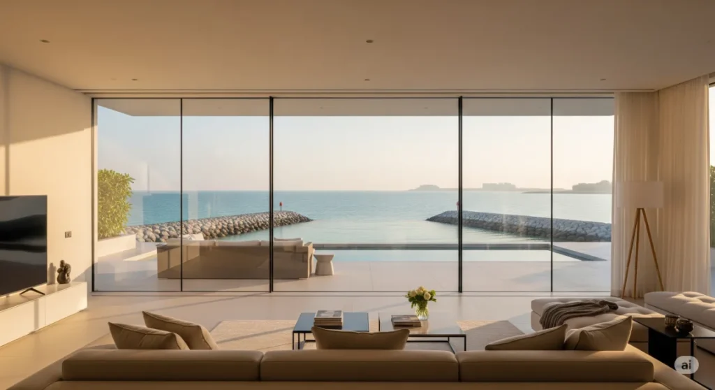 Interior of a luxury Palm Jumeirah villa with a private beach view, highlighting an exclusive lifestyle.
