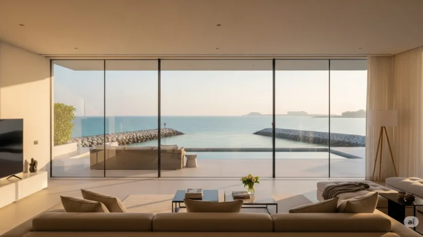 Interior of a luxury Palm Jumeirah villa with a private beach view, highlighting an exclusive lifestyle.