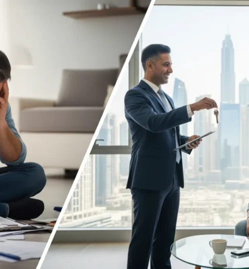 A comparison of stressful DIY property management versus the peace of mind offered by professional property managers in Dubai.