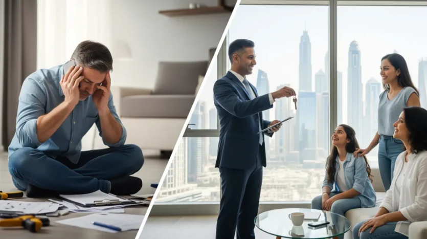 A comparison of stressful DIY property management versus the peace of mind offered by professional property managers in Dubai.