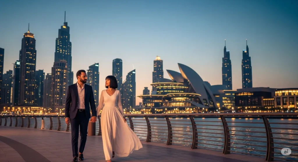 A couple enjoying the vibrant lifestyle and cultural attractions in the Downtown Dubai Opera District.