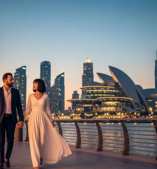 A couple enjoying the vibrant lifestyle and cultural attractions in the Downtown Dubai Opera District.