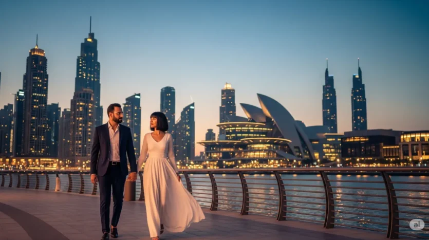 A couple enjoying the vibrant lifestyle and cultural attractions in the Downtown Dubai Opera District.