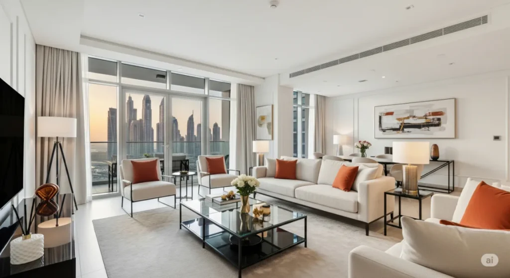 Luxurious modern apartment interior in Dubai Marina, representing a high-yield rental property investment.