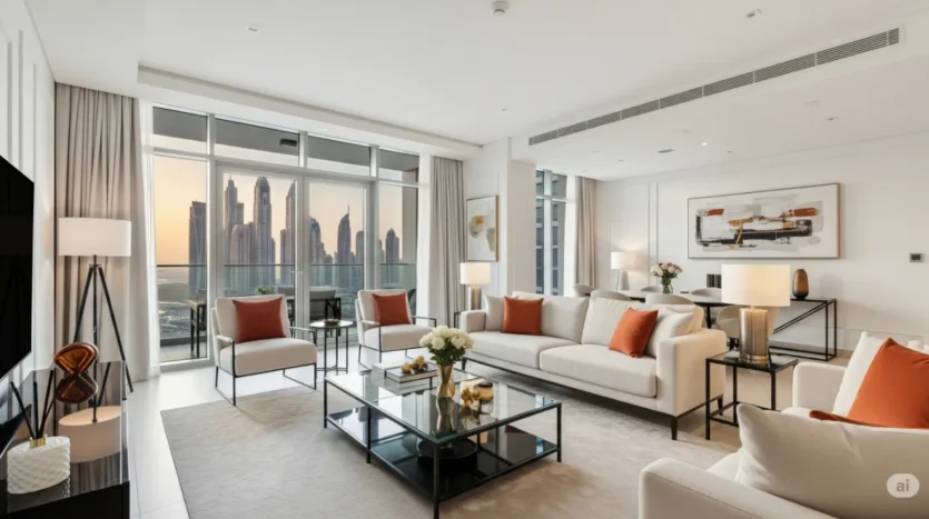 Luxurious modern apartment interior in Dubai Marina, representing a high-yield rental property investment.