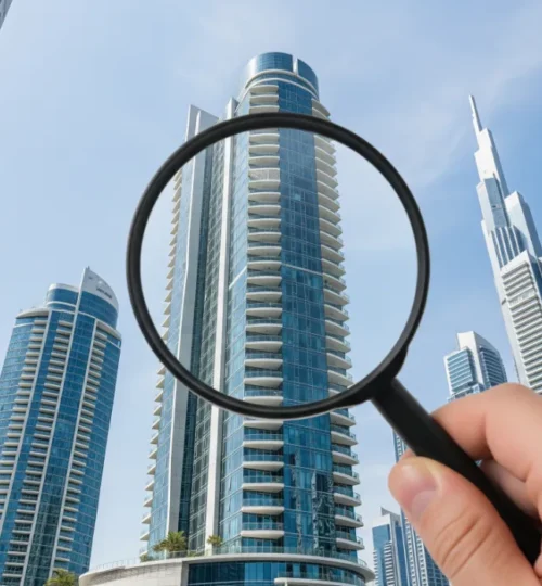 A magnifying glass focusing on a modern Dubai apartment building, symbolizing how to check if a rental property is legit in the UAE.