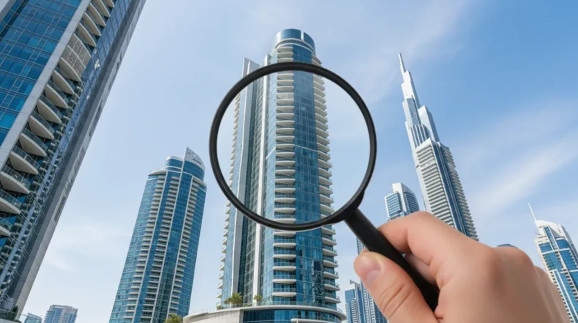 A magnifying glass focusing on a modern Dubai apartment building, symbolizing how to check if a rental property is legit in the UAE.