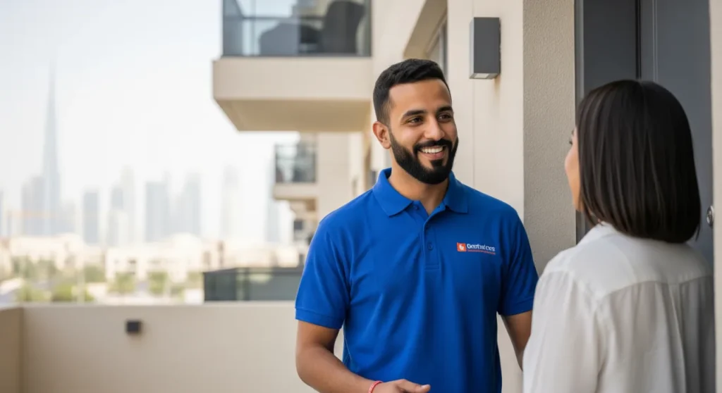 A professional handyman assisting a tenant, representing efficient and friendly maintenance request handling in Dubai.