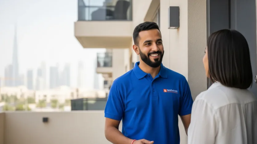A professional handyman assisting a tenant, representing efficient and friendly maintenance request handling in Dubai.
