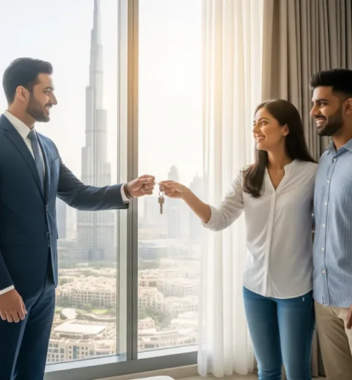 A couple happily receiving keys during a property handover in Dubai, symbolizing a successful real estate investment.