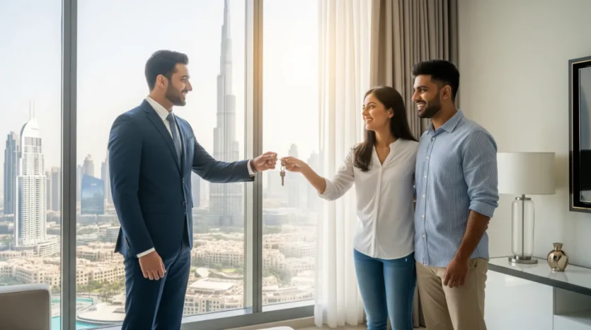 A couple happily receiving keys during a property handover in Dubai, symbolizing a successful real estate investment.