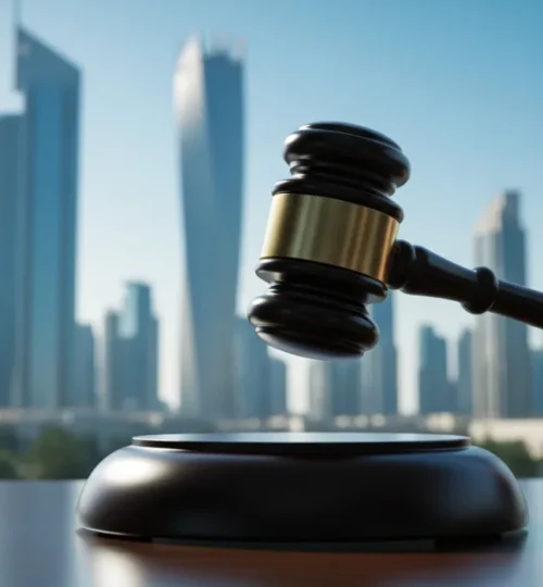 A guide to Dubai property auctions showing an auctioneer's gavel, symbolizing a successful bid on a luxury property.