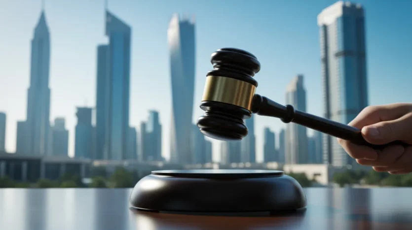 A guide to Dubai property auctions showing an auctioneer's gavel, symbolizing a successful bid on a luxury property.