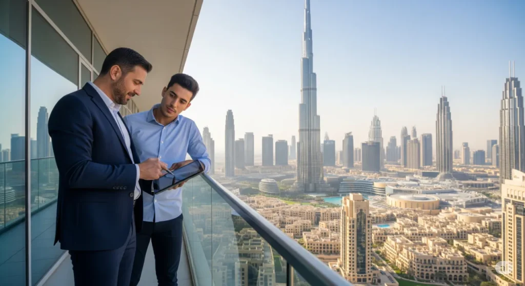 An investor discussing Downtown Dubai property investment with a West Gate Dubai property management expert.