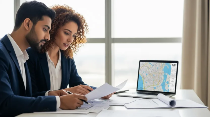 Investors conducting due diligence for a Dubai property auction by reviewing documents.