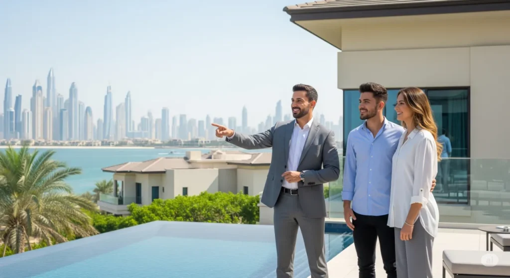 A West Gate Dubai agent discussing Palm Jumeirah villas for sale with clients, offering expert real estate services.