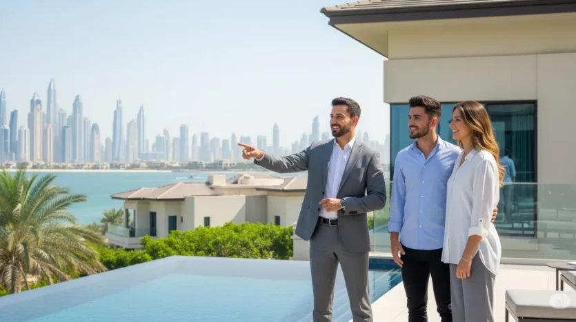 A West Gate Dubai agent discussing Palm Jumeirah villas for sale with clients, offering expert real estate services.