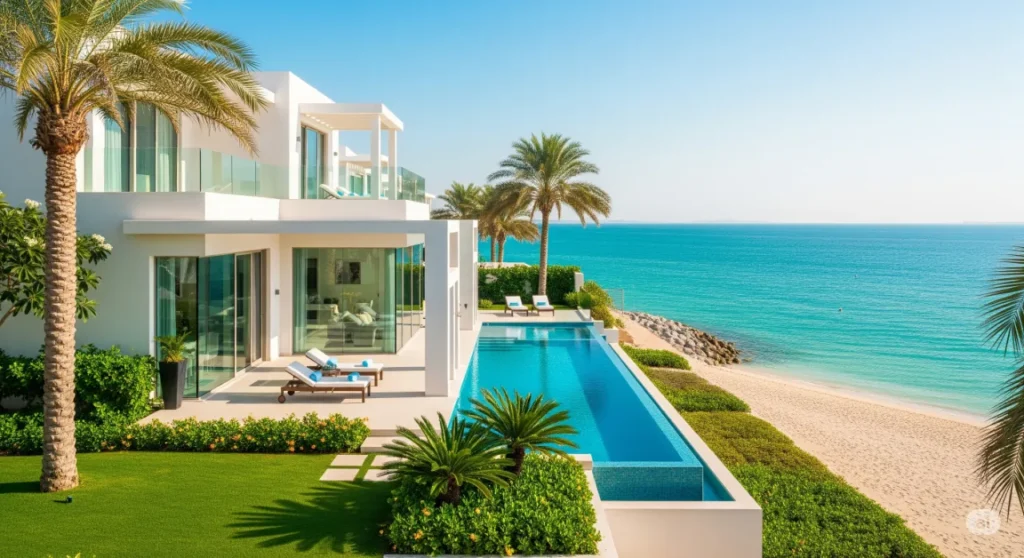 Modern waterfront villa on Palm Jumeirah, Dubai, with a private pool and beach access.