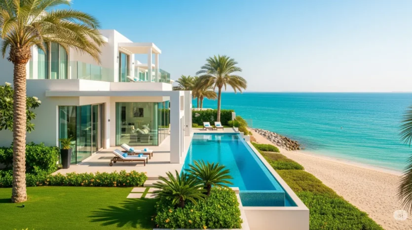 Modern waterfront villa on Palm Jumeirah, Dubai, with a private pool and beach access.