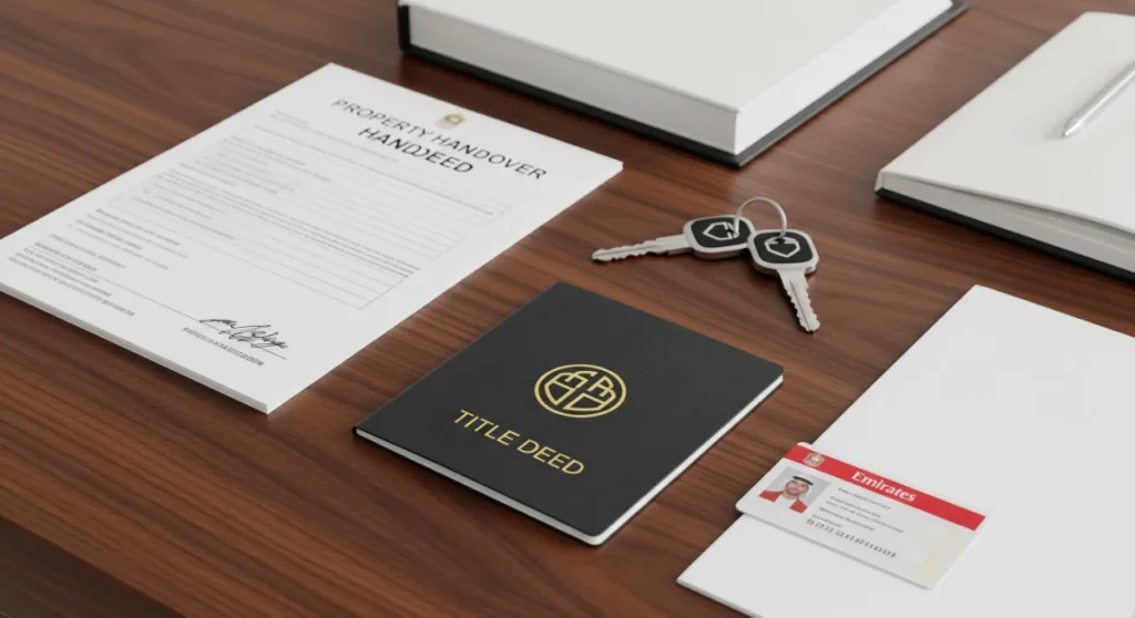 Essential documents and keys laid out for a property handover in Dubai.