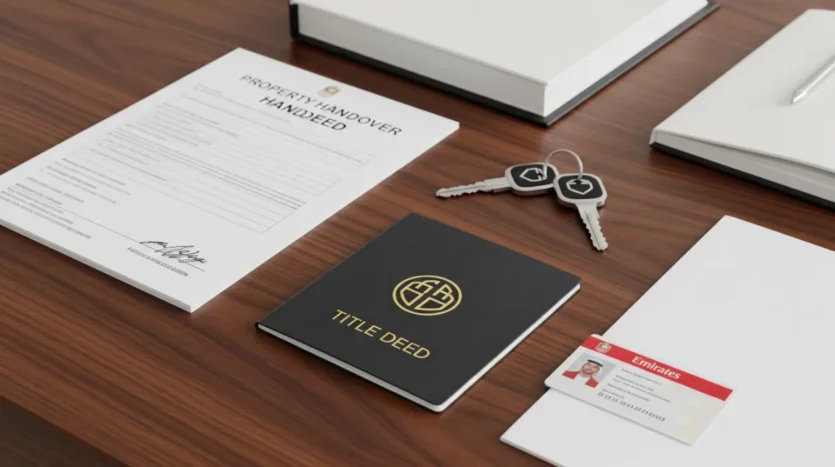 Essential documents and keys laid out for a property handover in Dubai.
