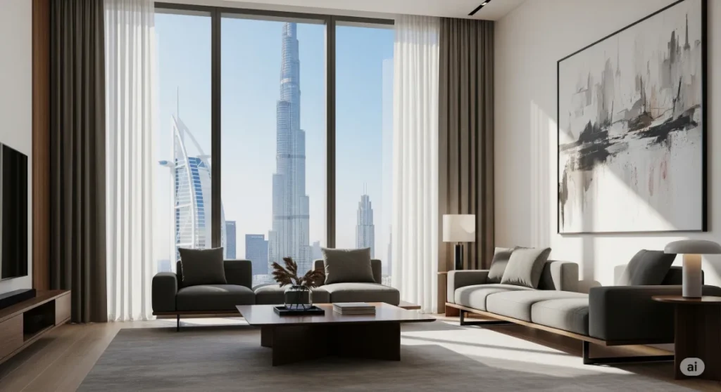 The interior of a luxury apartment in Downtown Dubai offering a direct view of the Burj Khalifa.