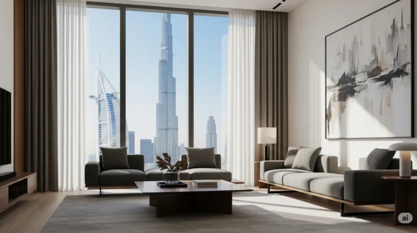 The interior of a luxury apartment in Downtown Dubai offering a direct view of the Burj Khalifa.