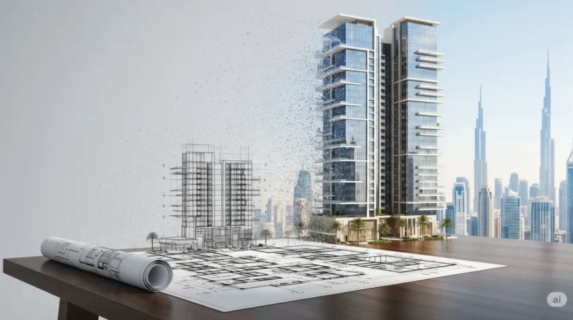 An architectural blueprint transforming into a luxury Dubai property, illustrating the concept of off-plan investment.