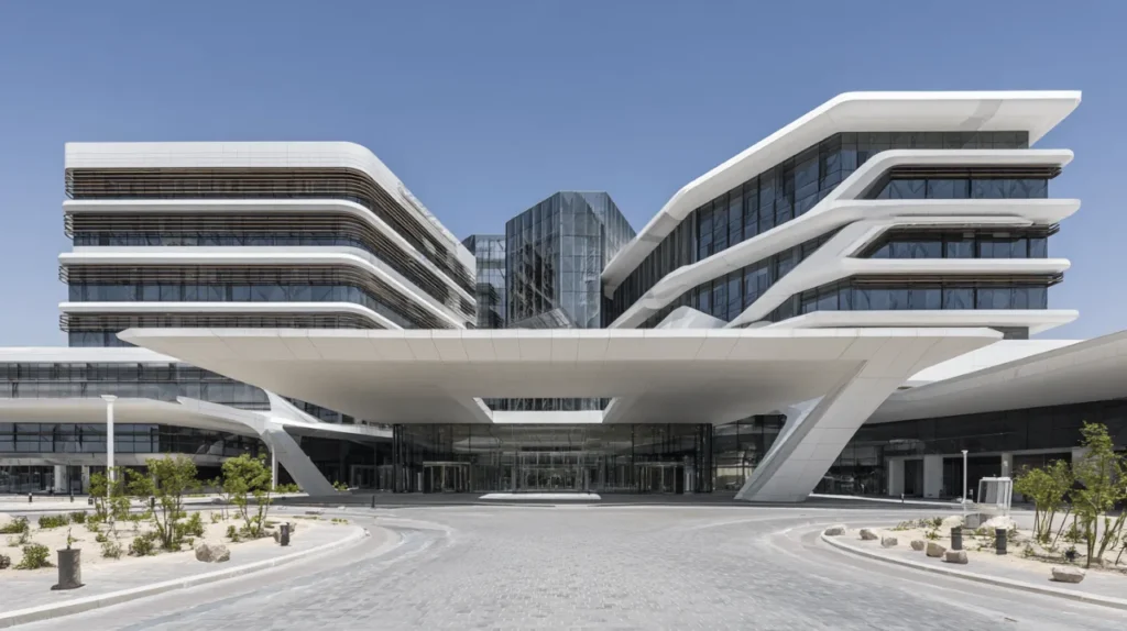 The modern and welcoming exterior of a world-class hospital in Dubai, representing the city's advanced healthcare facilities.