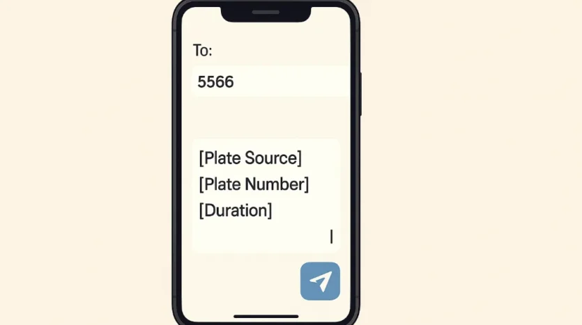 The correct Sharjah parking SMS format: Plate Source, Plate Number, and Duration sent to 5566.