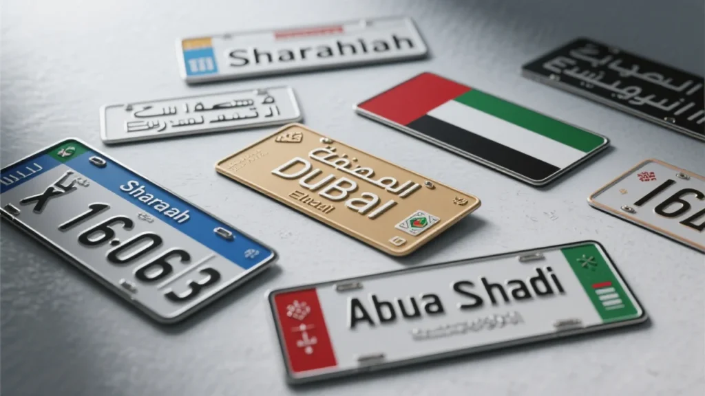 Different UAE vehicle license plates, including Sharjah, Dubai, and Abu Dhabi, for use with the SMS parking system.