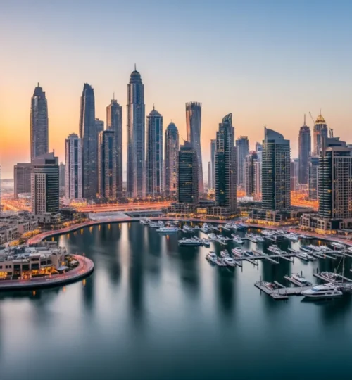 Dubai Marina skyline at dusk with luxury towers