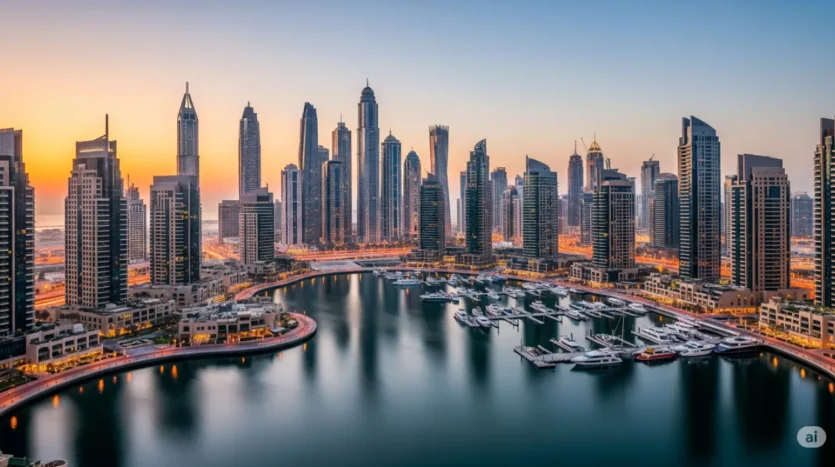 Dubai Marina skyline at dusk with luxury towers
