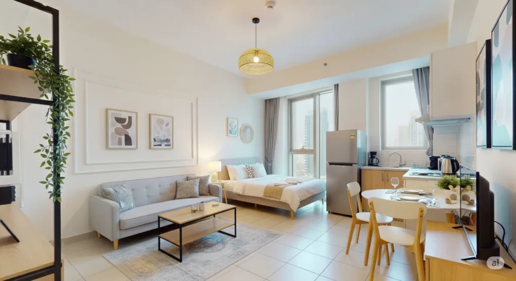 The interior of a cheap but modern and clean studio apartment available for rent in Dubai.