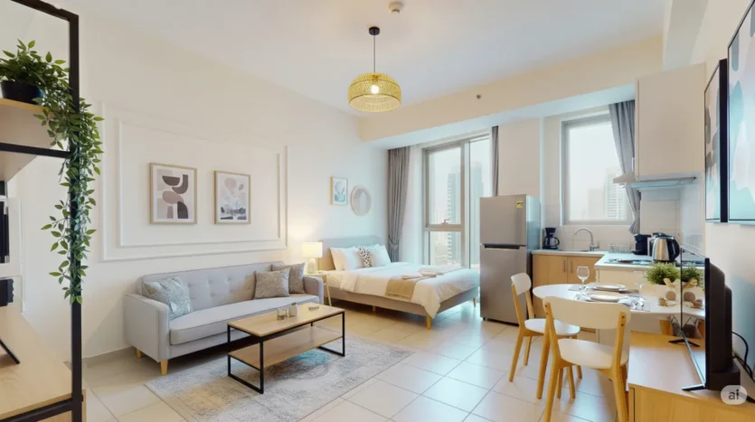 The interior of a cheap but modern and clean studio apartment available for rent in Dubai.