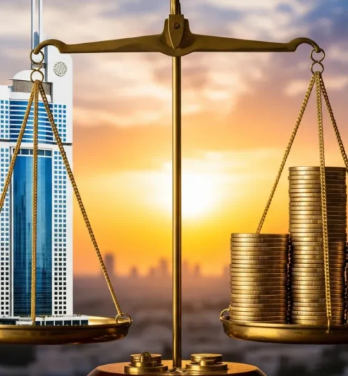 A balance scale weighing the risks and rewards of buying property in Dubai, symbolizing a smart investment decision.
