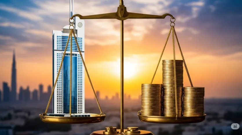 A balance scale weighing the risks and rewards of buying property in Dubai, symbolizing a smart investment decision.