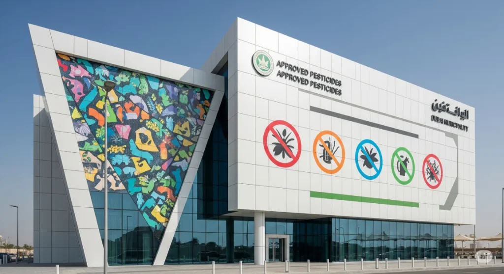 Dubai Municipality headquarters with icons of approved pesticides