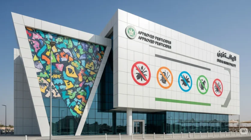 Dubai Municipality headquarters with icons of approved pesticides