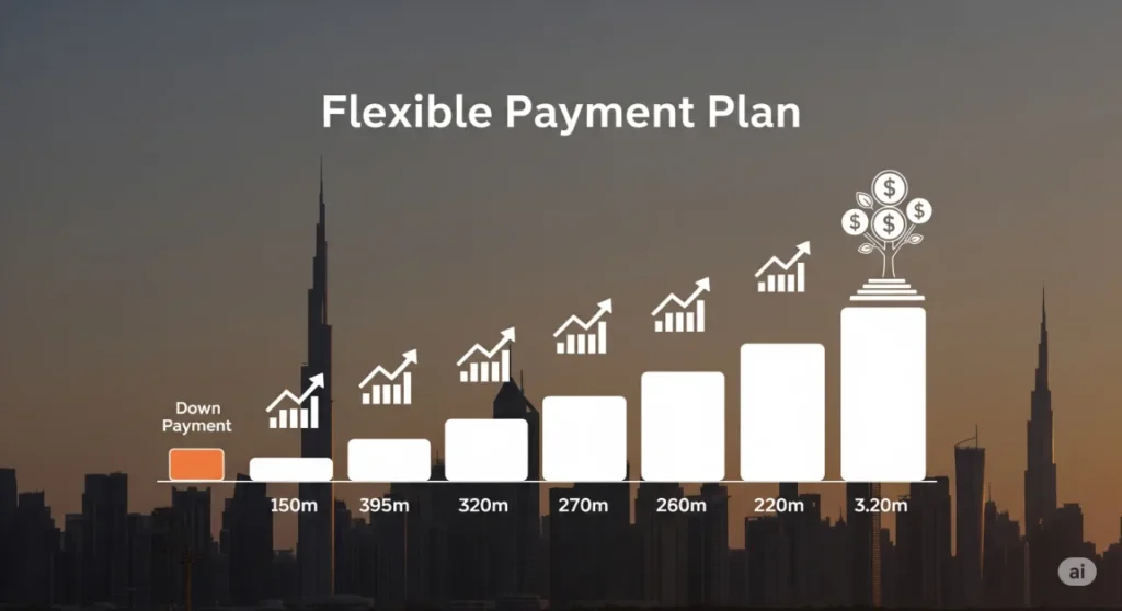 An infographic showing the flexible payment plans and capital appreciation potential of Dubai off-plan properties.