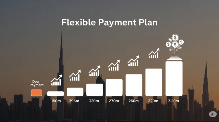 An infographic showing the flexible payment plans and capital appreciation potential of Dubai off-plan properties.