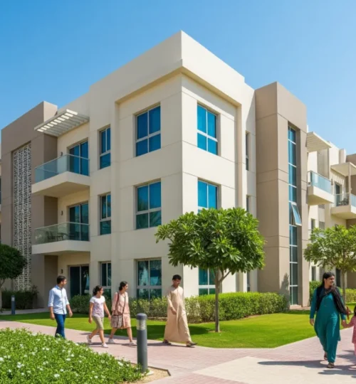 An affordable apartment building in Dubai, illustrating the availability of cheap rental options in 2025.