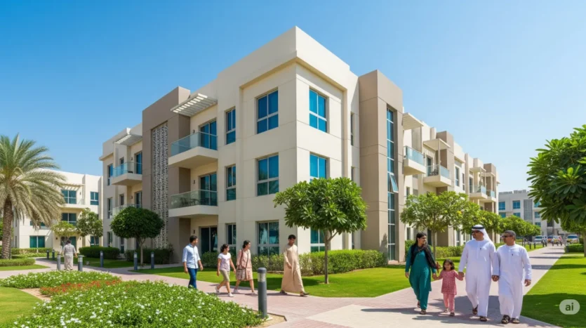 An affordable apartment building in Dubai, illustrating the availability of cheap rental options in 2025.